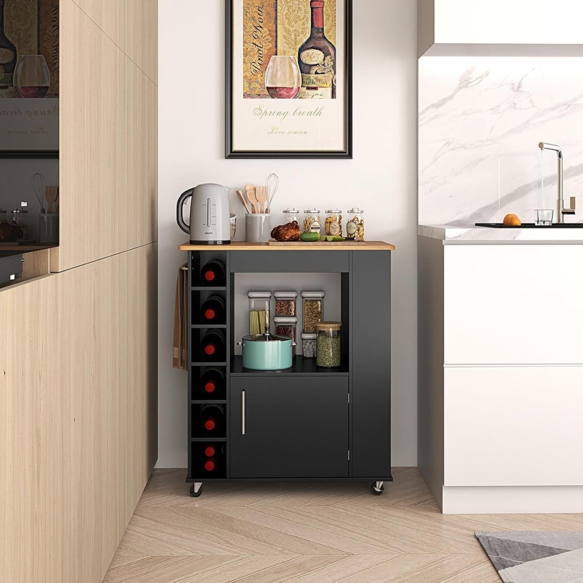 Rolling Kitchen Island Cart Bamboo Top Wine Rack - Kwikley