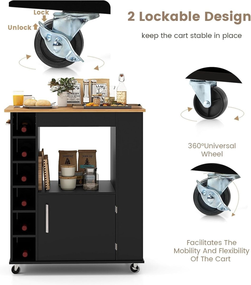 Rolling Kitchen Island Cart Bamboo Top Wine Rack - Kwikley