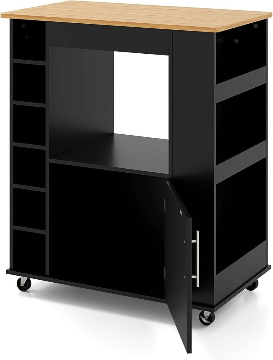 Rolling Kitchen Island Cart Bamboo Top Wine Rack - Kwikley