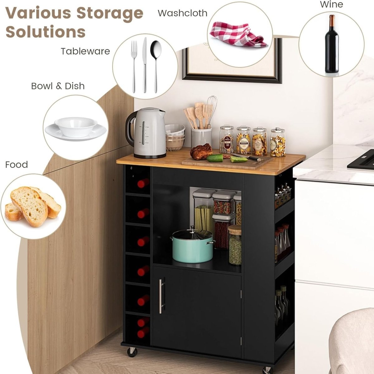 Rolling Kitchen Island Cart Bamboo Top Wine Rack - Kwikley