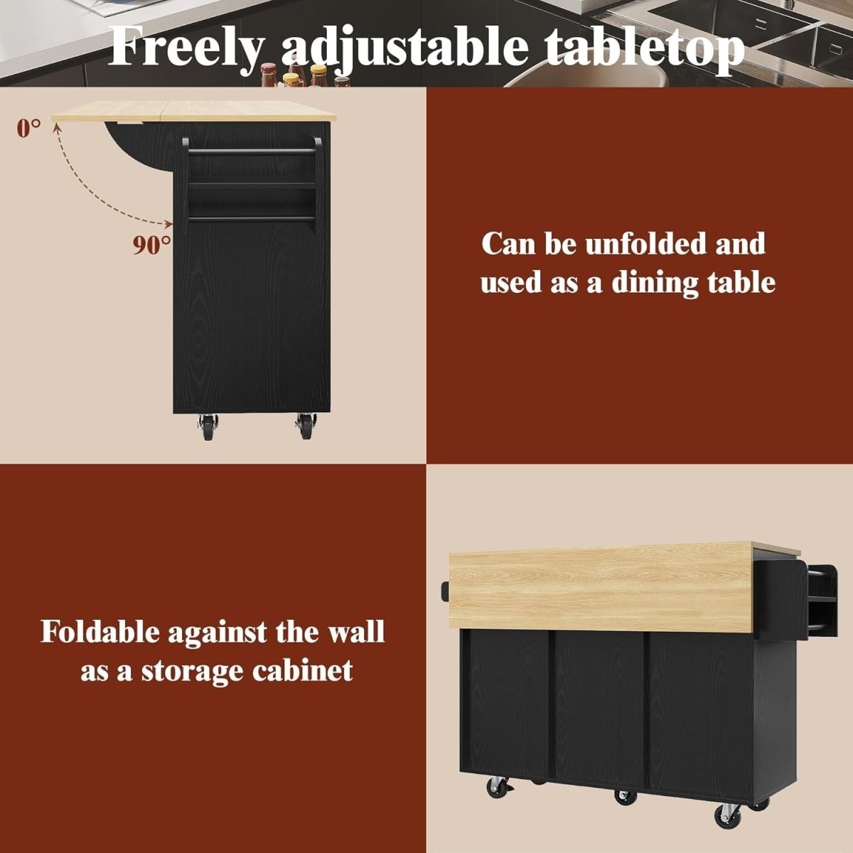 Rolling Kitchen Island Cart Folding Side Table Black - Kwikley