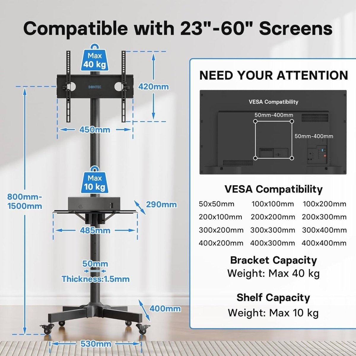 Rolling Mobile TV Stand 23-60" Tilt Height Adjustable Cart with Tray VESA 400x40 - Kwikley