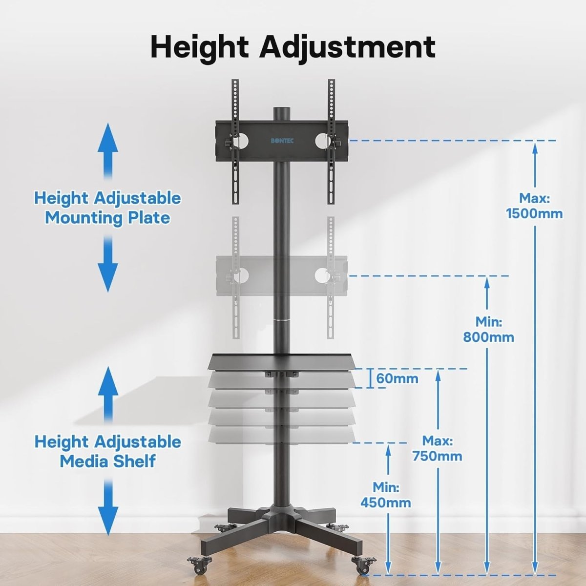 Rolling Mobile TV Stand 23-60" Tilt Height Adjustable Cart with Tray VESA 400x40 - Kwikley