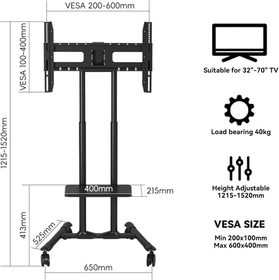 Rolling TV Stand for 32-70” Screens Tilt Mobile Cart Height Adjustable - Kwikley