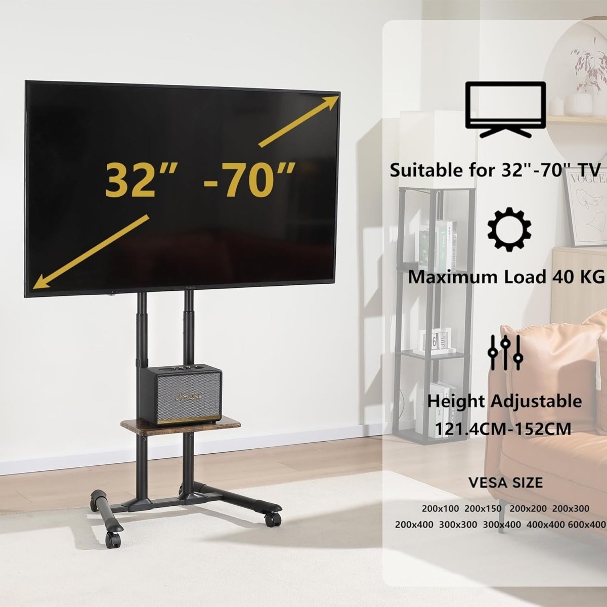 Rolling TV Stand for 32-70” Screens Tilt Mobile Cart Height Adjustable - Kwikley