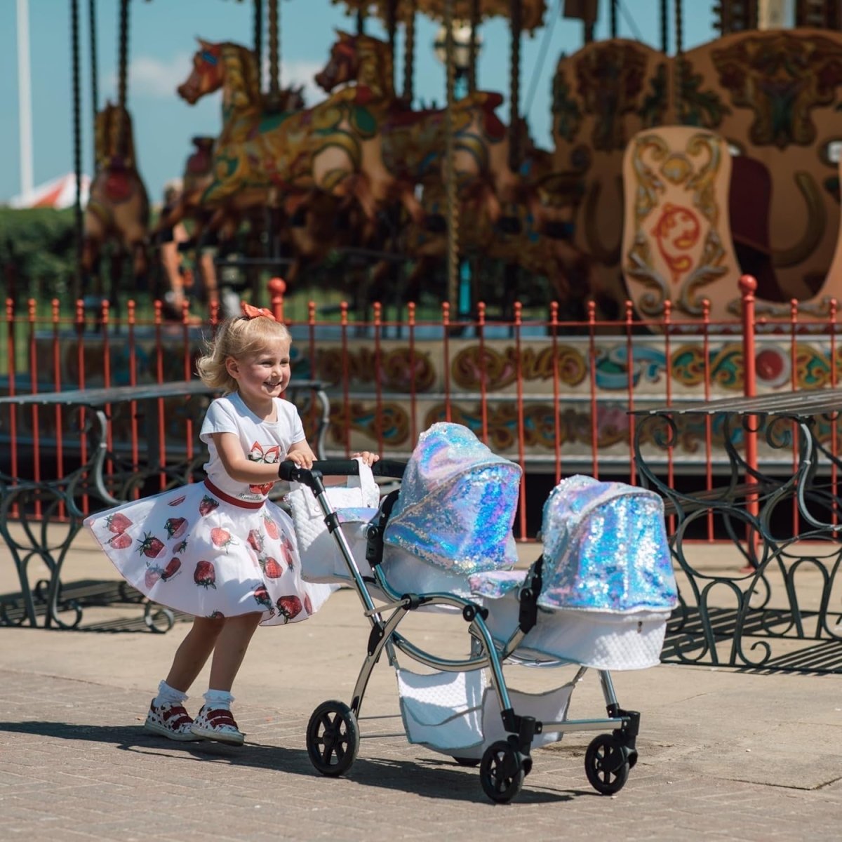 Roma Polly 2 - in - 1 Dolls Pram Double Pushchair Adjustable Handle Foldable Mermaid - Kwikley