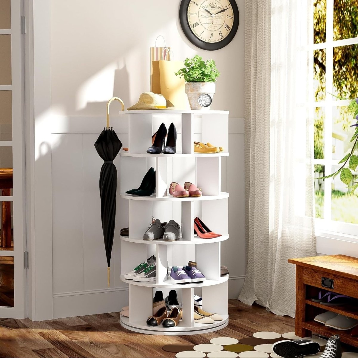 Rotating 5 - Tier Shoe Rack Cabinet, Space - Saving Round Storage Unit, White - Kwikley