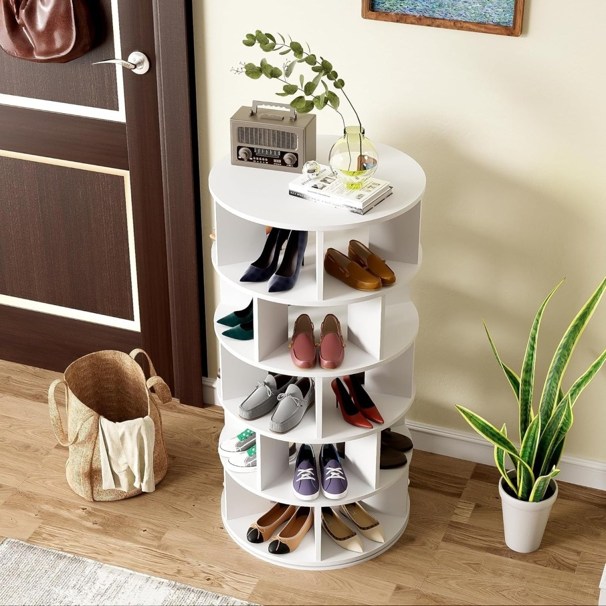 Rotating 5 - Tier Shoe Rack Cabinet, Space - Saving Round Storage Unit, White - Kwikley