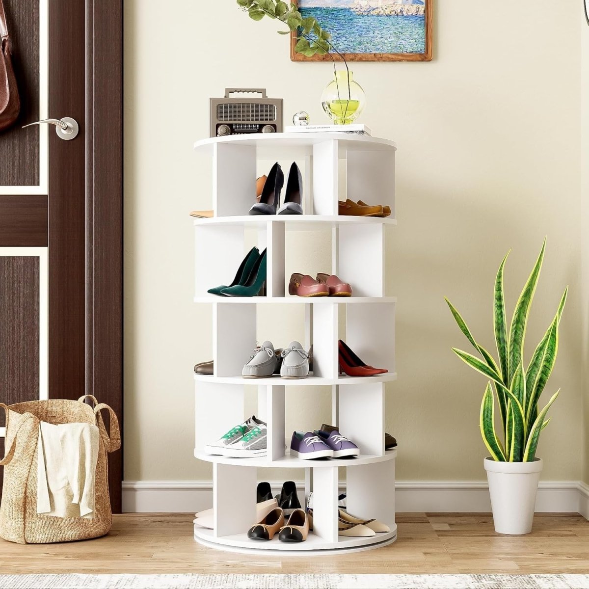 Rotating 5 - Tier Shoe Rack Cabinet, Space - Saving Round Storage Unit, White - Kwikley