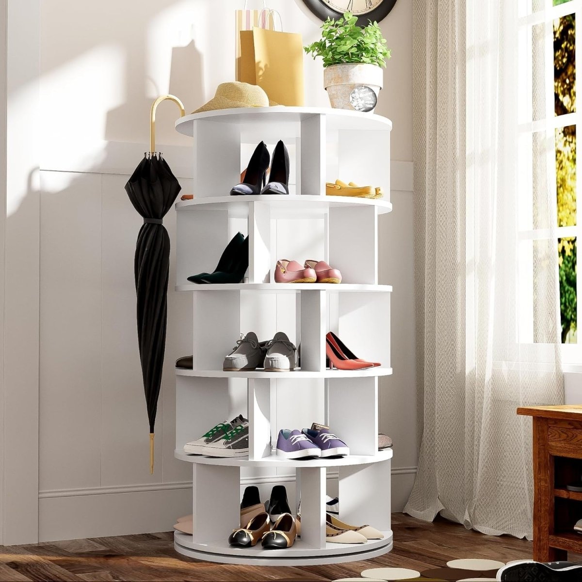 Rotating 5 - Tier Shoe Rack Cabinet, Space - Saving Round Storage Unit, White - Kwikley