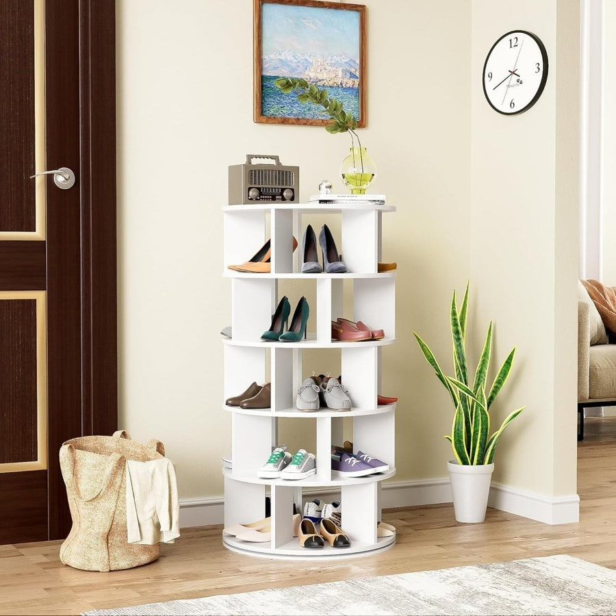Rotating 5 - Tier Shoe Rack Cabinet, Space - Saving Round Storage Unit, White - Kwikley