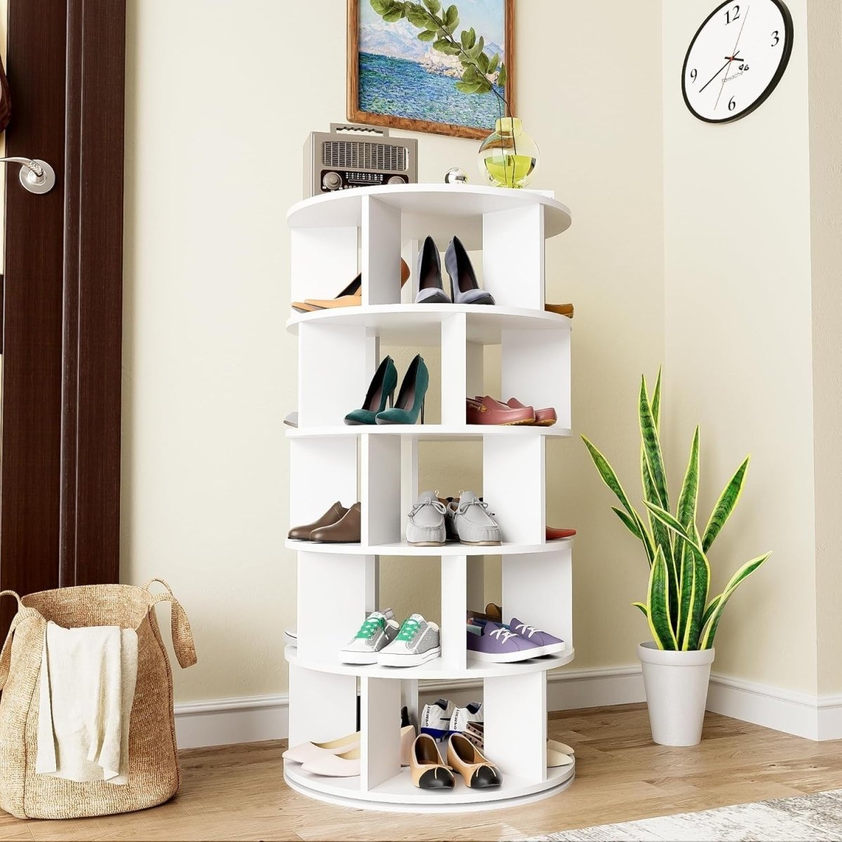 Rotating 5 - Tier Shoe Rack Cabinet, Space - Saving Round Storage Unit, White - Kwikley