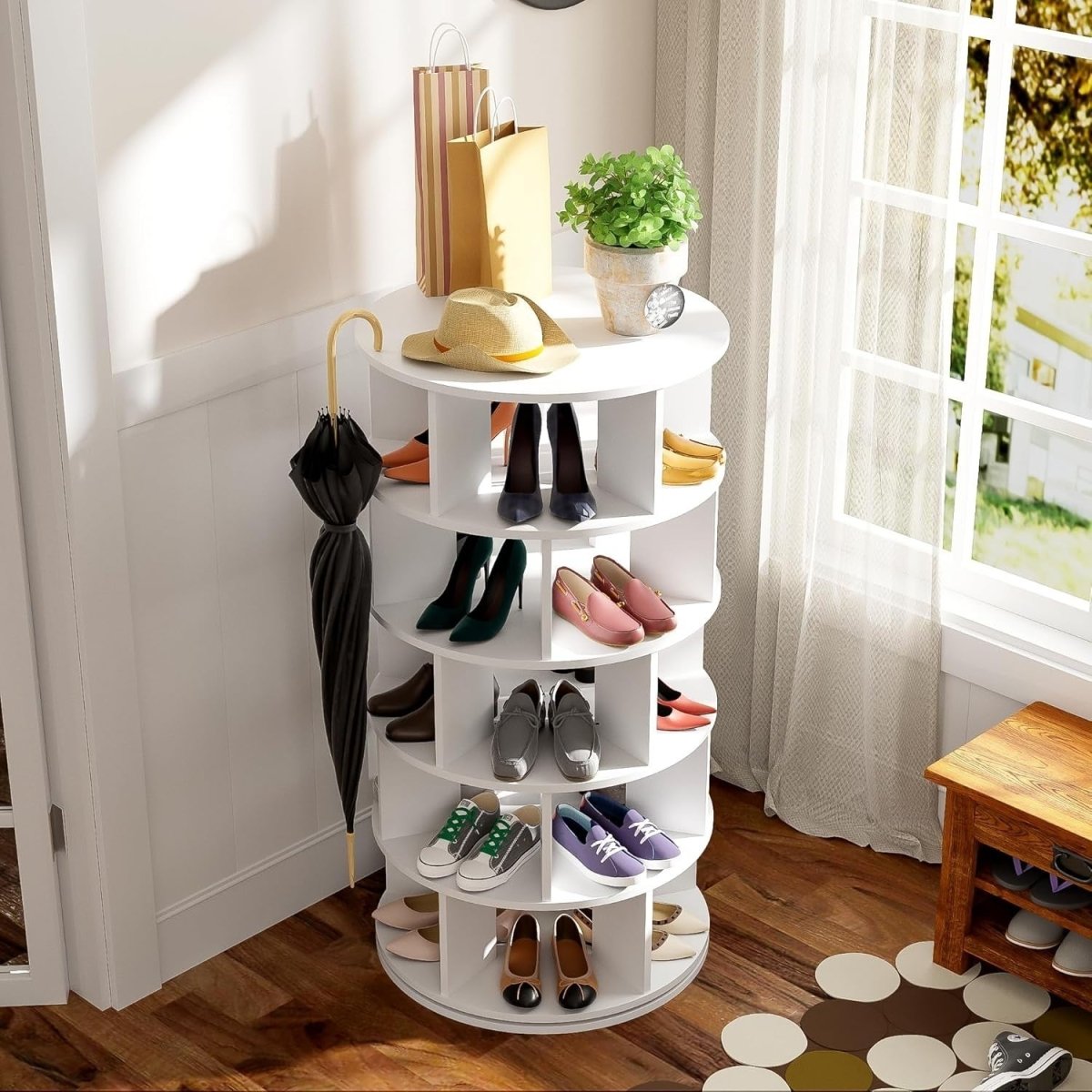Rotating 5 - Tier Shoe Rack Cabinet, Space - Saving Round Storage Unit, White - Kwikley