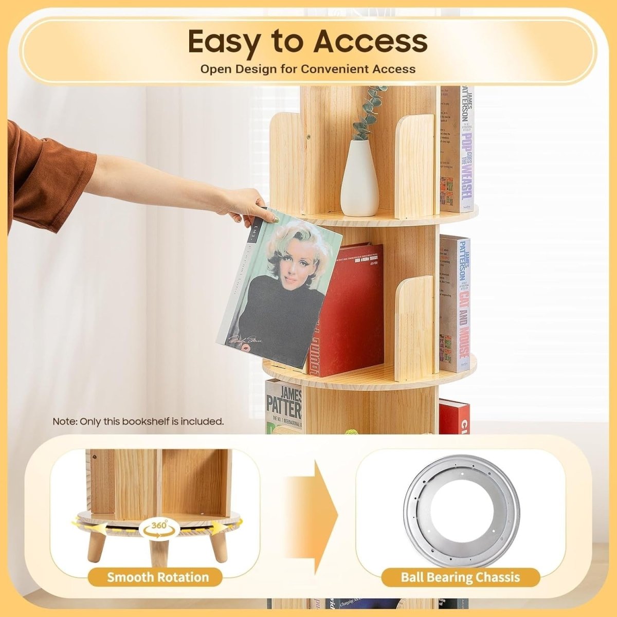 Rotating 6 - Tier Solid Wood Bookshelf 360° Display Tower Pine Storage Shelf - Kwikley