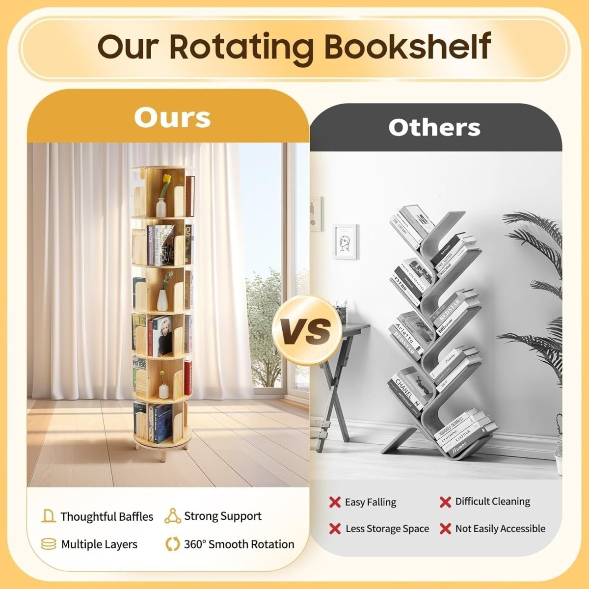Rotating 6 - Tier Solid Wood Bookshelf 360° Display Tower Pine Storage Shelf - Kwikley