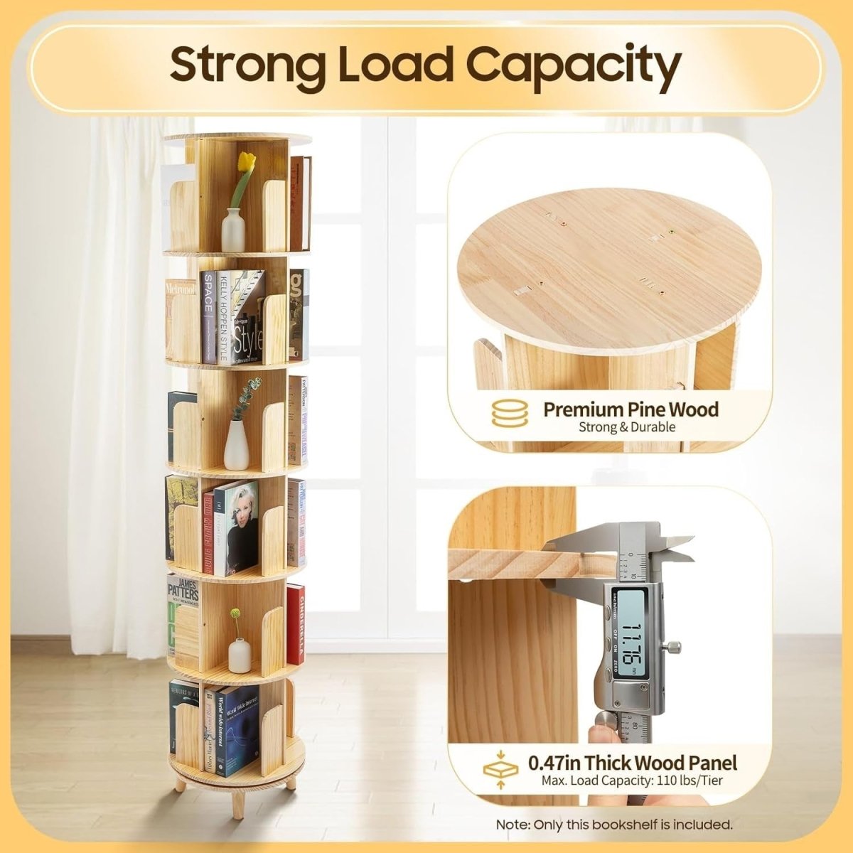 Rotating 6 - Tier Solid Wood Bookshelf 360° Display Tower Pine Storage Shelf - Kwikley