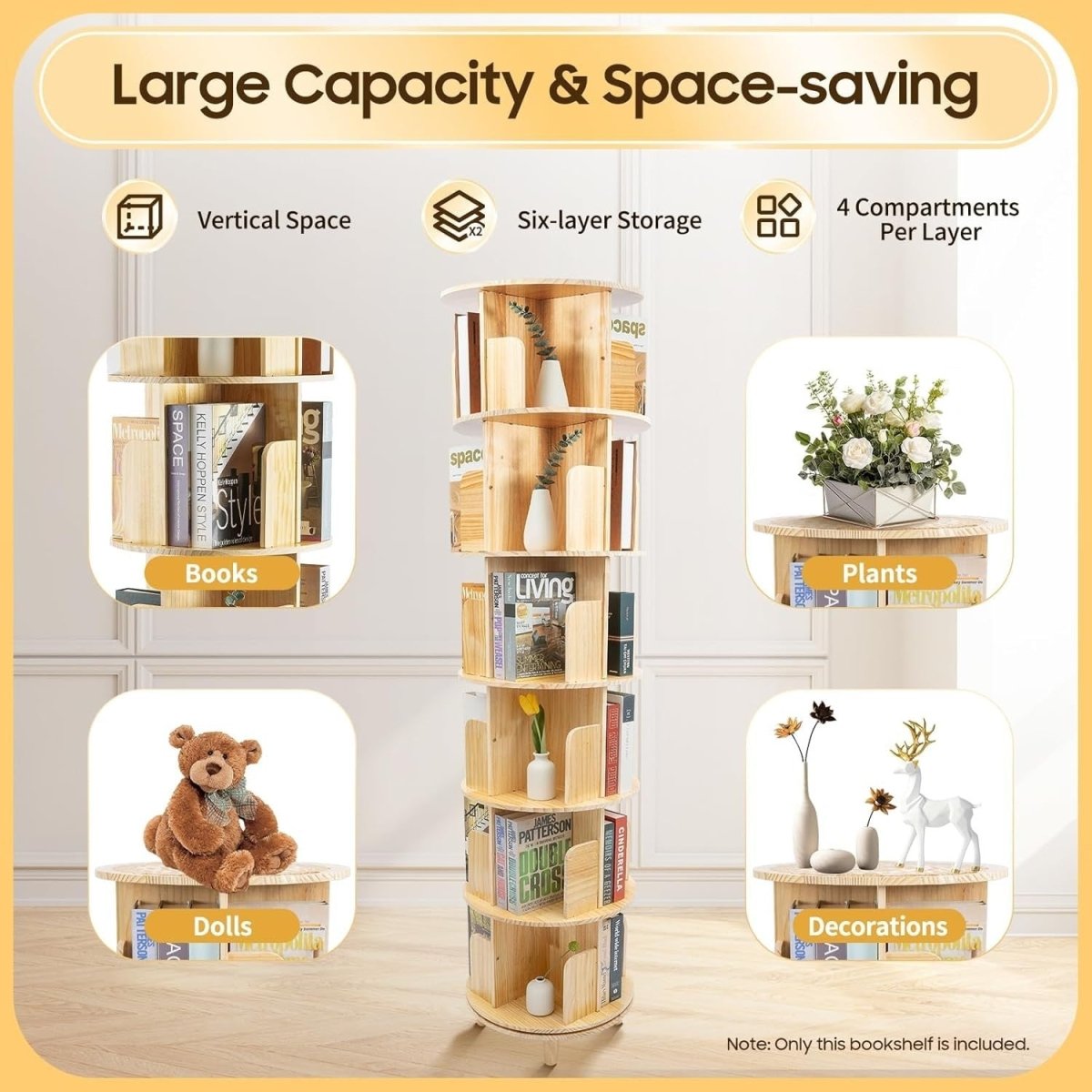 Rotating 6 - Tier Solid Wood Bookshelf 360° Display Tower Pine Storage Shelf - Kwikley