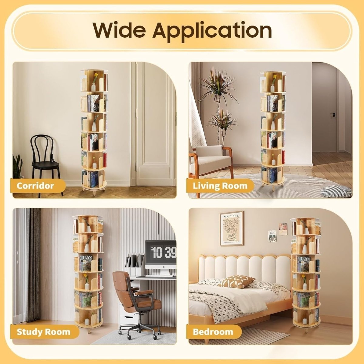 Rotating 6 - Tier Solid Wood Bookshelf 360° Display Tower Pine Storage Shelf - Kwikley