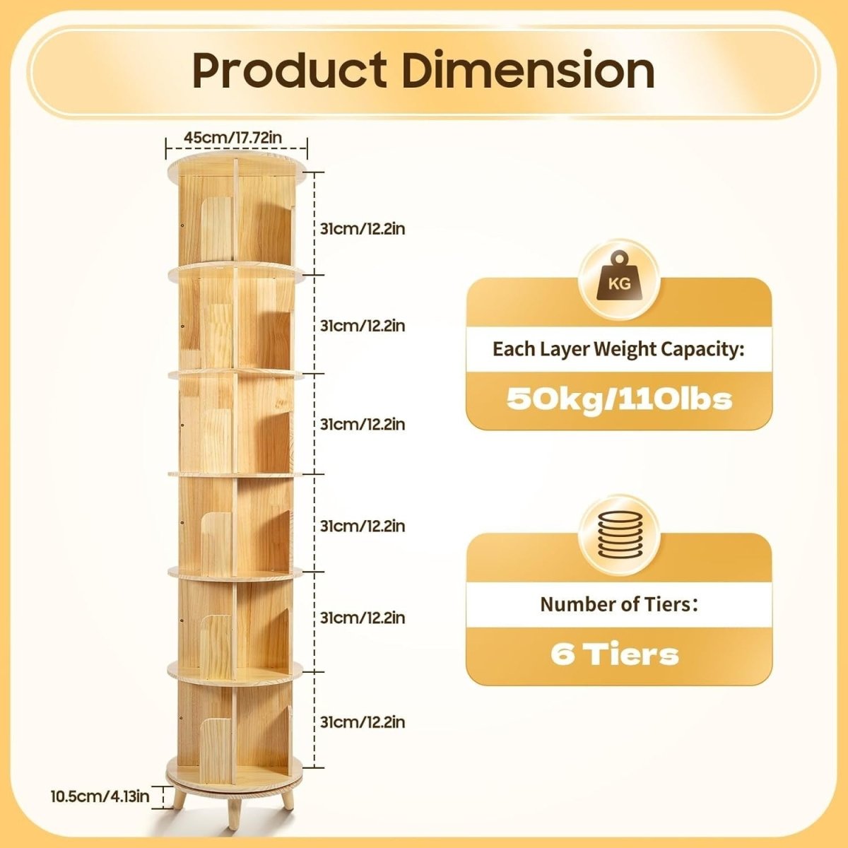 Rotating 6 - Tier Solid Wood Bookshelf 360° Display Tower Pine Storage Shelf - Kwikley