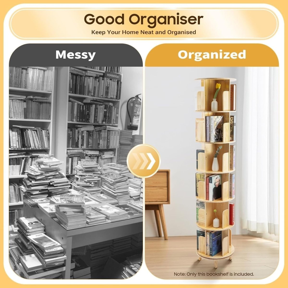 Rotating 6 - Tier Solid Wood Bookshelf 360° Display Tower Pine Storage Shelf - Kwikley