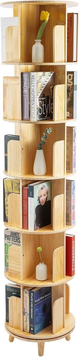 Rotating 6 - Tier Solid Wood Bookshelf 360° Display Tower Pine Storage Shelf - Kwikley