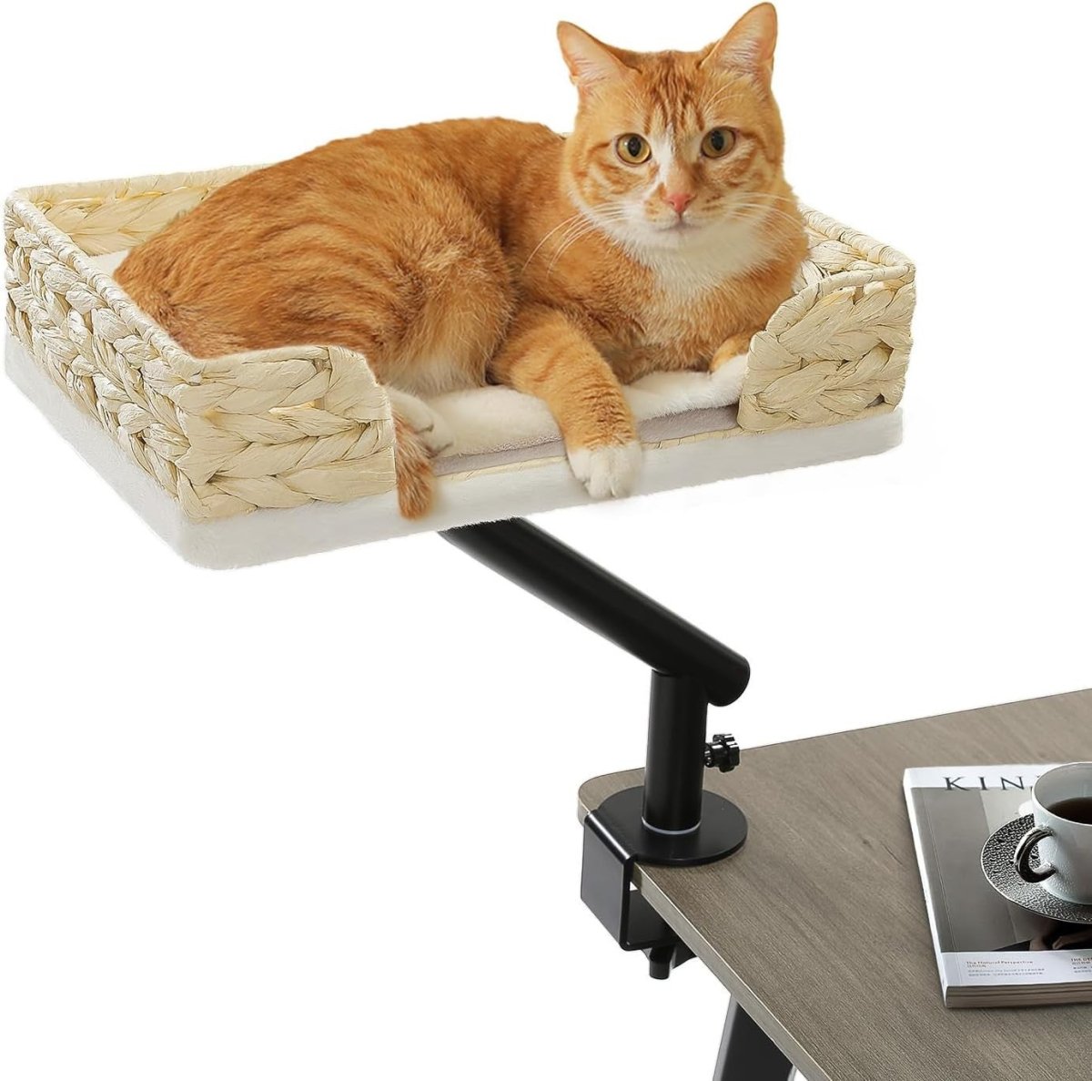 Rotating Desk Cat Bed Wicker Cat Hammock Plush Desktop Cat Perch - Kwikley
