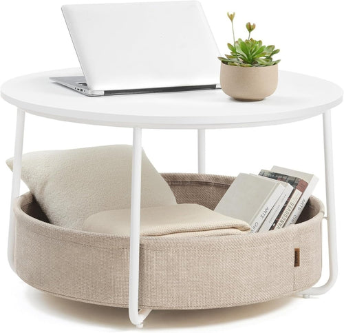 Round Coffee Table with Storage Basket, Sturdy Metal Frame, Modern Living Room - Kwikley