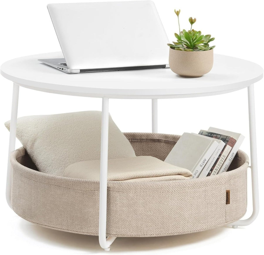 Round Coffee Table with Storage Basket, Sturdy Metal Frame, Modern Living Room - Kwikley