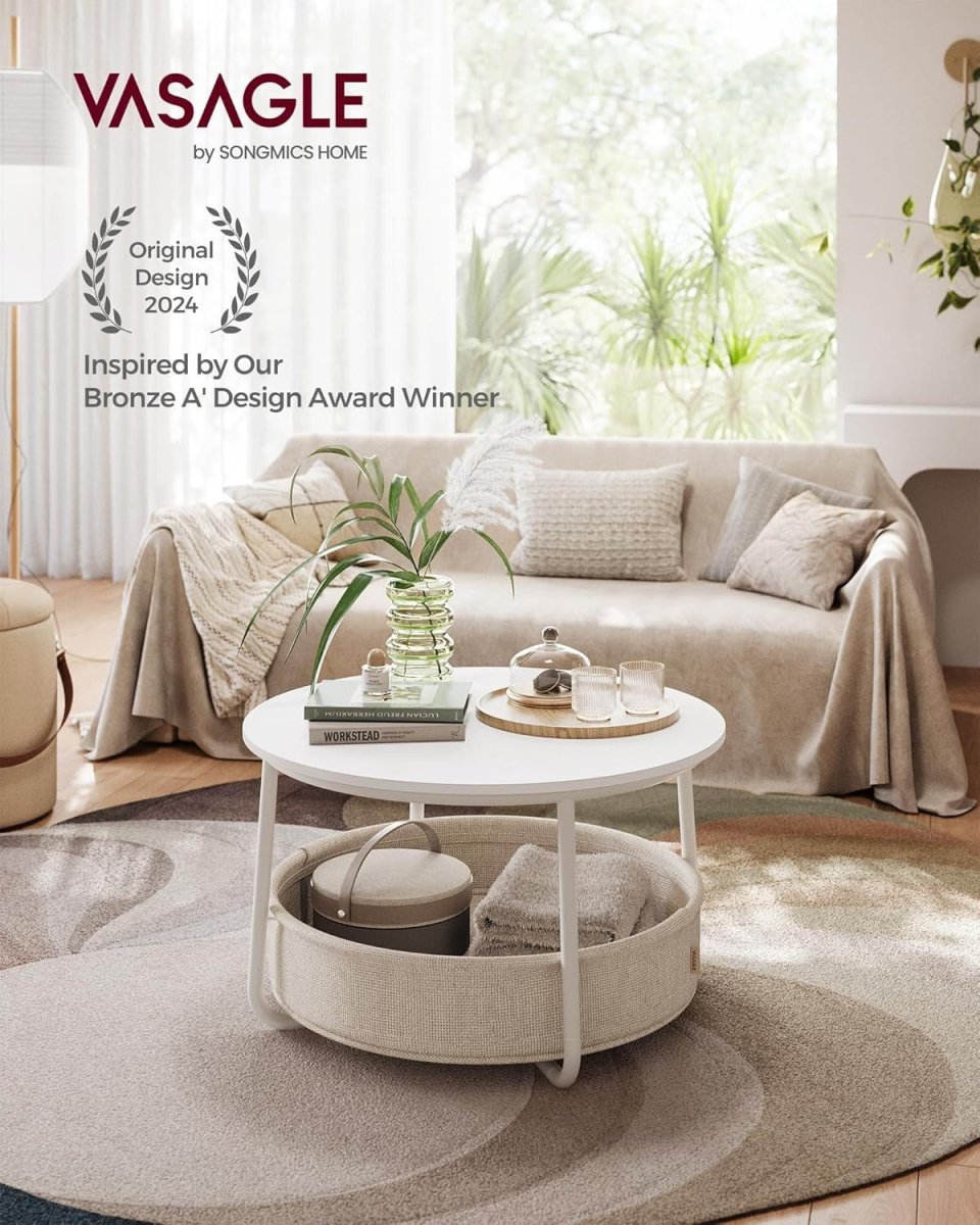 Round Coffee Table with Storage Basket, Sturdy Metal Frame, Modern Living Room - Kwikley