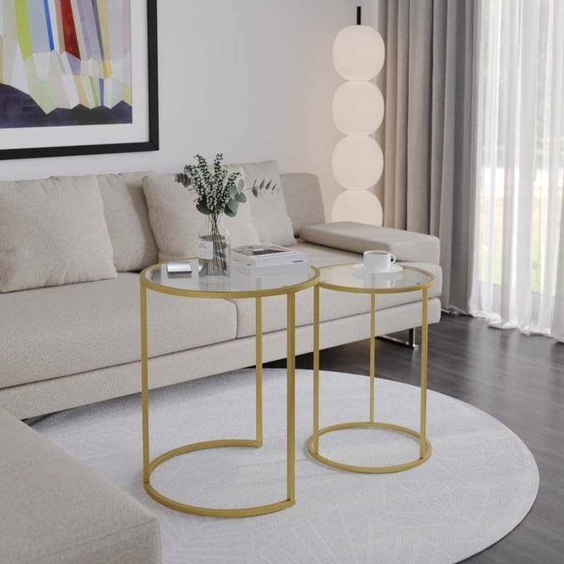 Round Gold Nesting End Tables Set of 2 Tempered Glass Metal Side Table - Kwikley