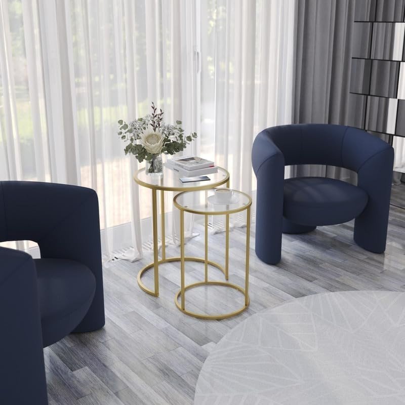 Round Gold Nesting End Tables Set of 2 Tempered Glass Metal Side Table - Kwikley
