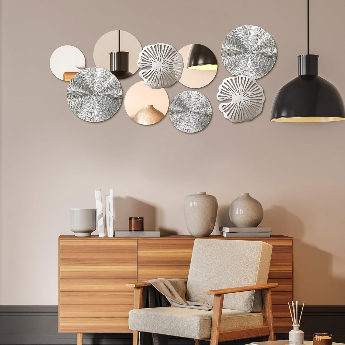 Round Mirror Wall Art Set 9Pc Silver Metal Decorative Circles - Kwikley