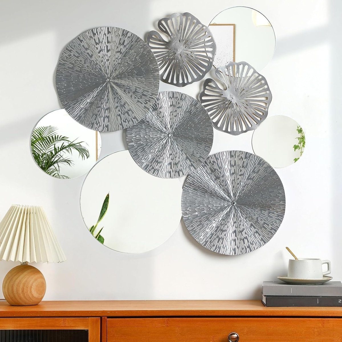Round Mirror Wall Art Set 9Pc Silver Metal Decorative Circles - Kwikley