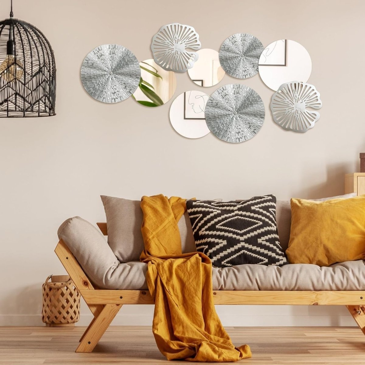 Round Mirror Wall Art Set 9Pc Silver Metal Decorative Circles - Kwikley