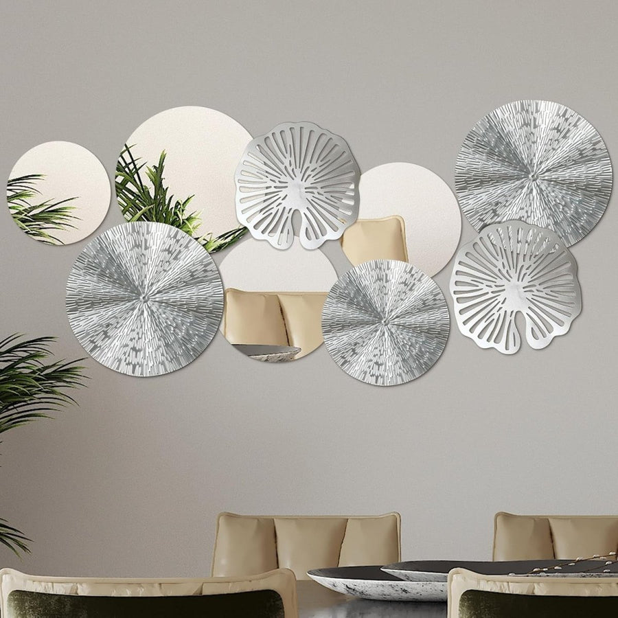 Round Mirror Wall Art Set 9Pc Silver Metal Decorative Circles - Kwikley
