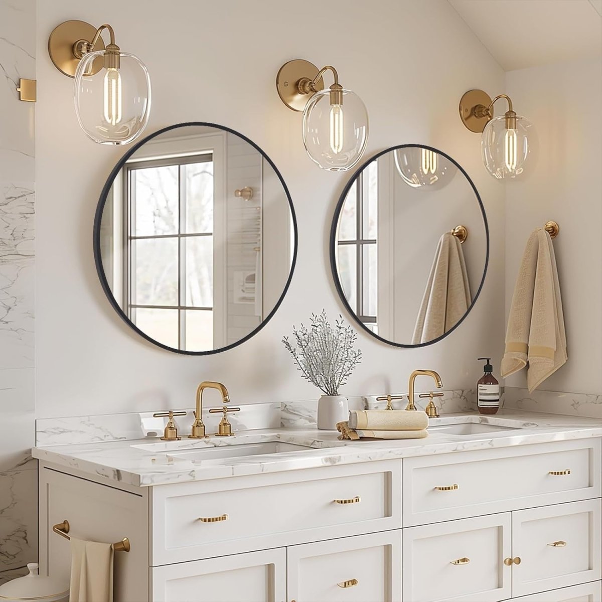 Round Wall Mirror 80cm Black Metal Frame Modern Vanity Mirror for Bathroom - Kwikley