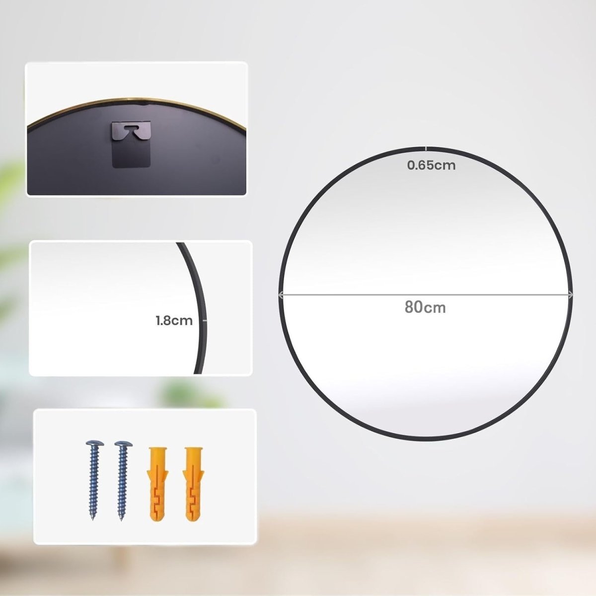 Round Wall Mirror 80cm Black Metal Frame Modern Vanity Mirror for Bathroom - Kwikley