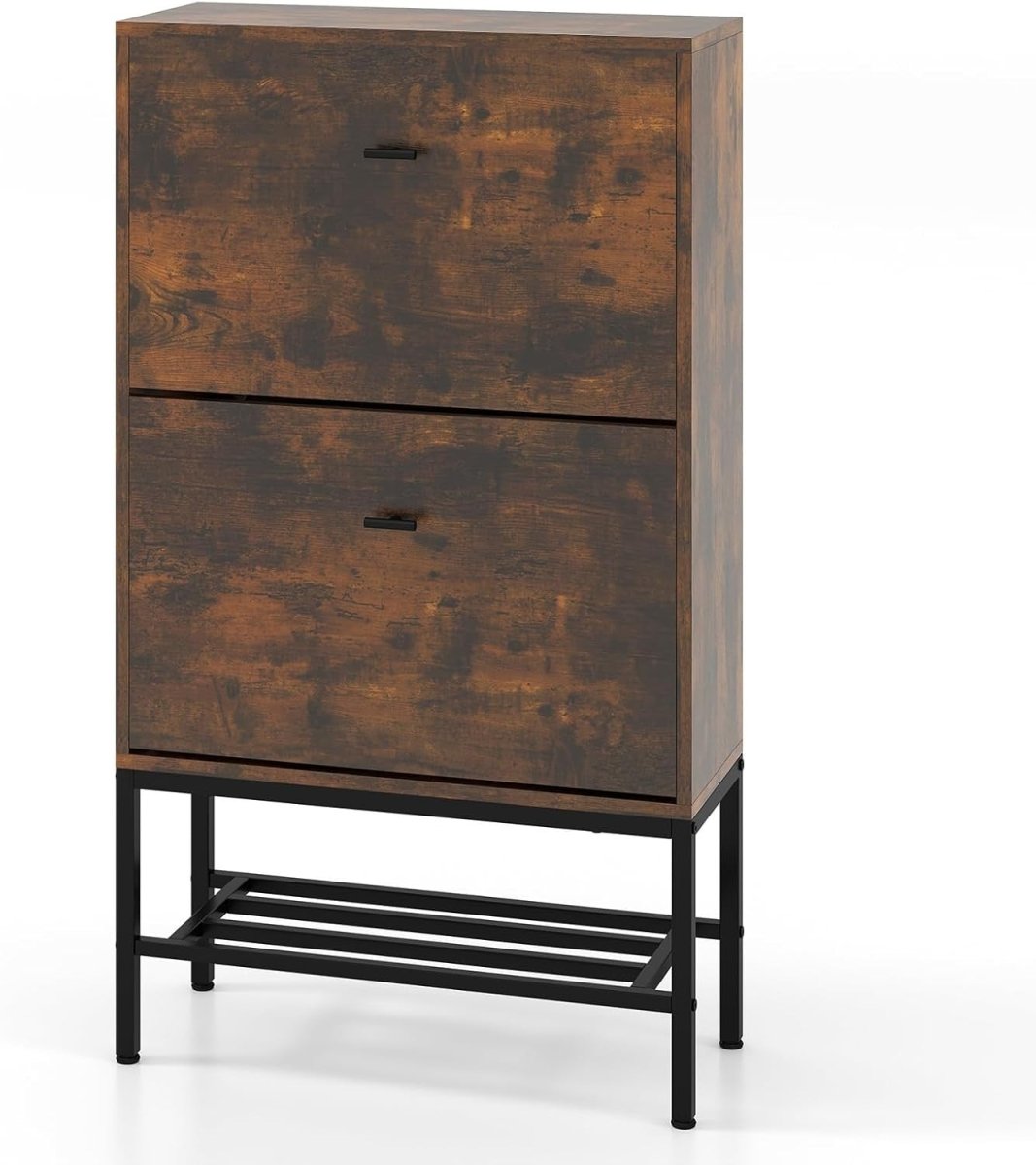 Rustic 2 Drawer Slim Shoe Cabinet with Flip Doors & Metal Shelf Unit - Kwikley