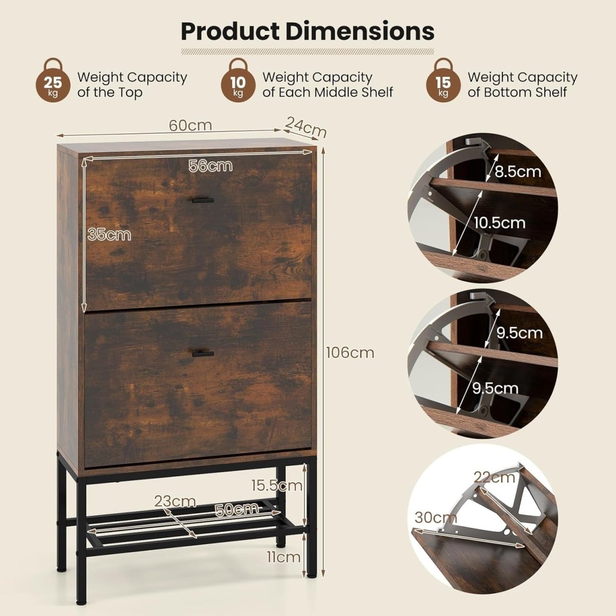 Rustic 2 Drawer Slim Shoe Cabinet with Flip Doors & Metal Shelf Unit - Kwikley