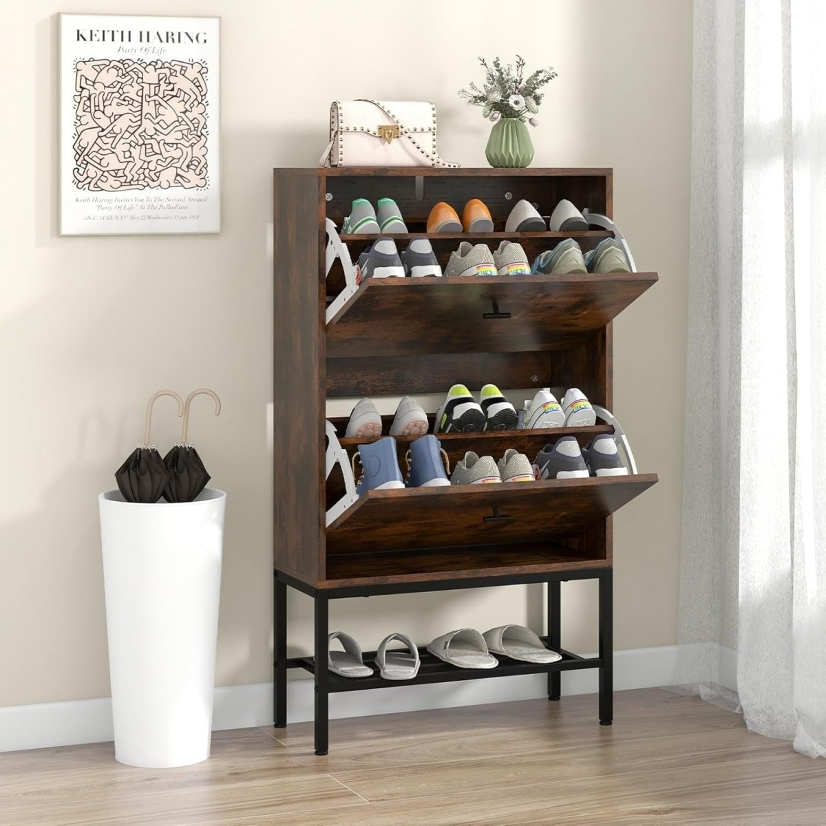 Rustic 2 Drawer Slim Shoe Cabinet with Flip Doors & Metal Shelf Unit - Kwikley