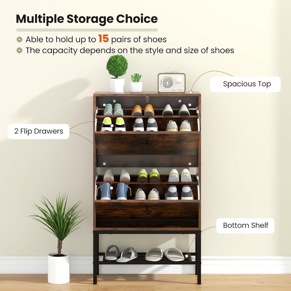 Rustic 2 Drawer Slim Shoe Cabinet with Flip Doors & Metal Shelf Unit - Kwikley
