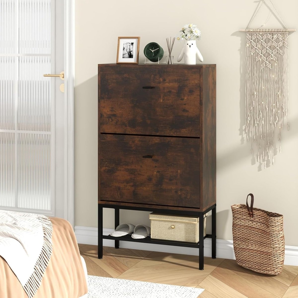 Rustic 2 Drawer Slim Shoe Cabinet with Flip Doors & Metal Shelf Unit - Kwikley