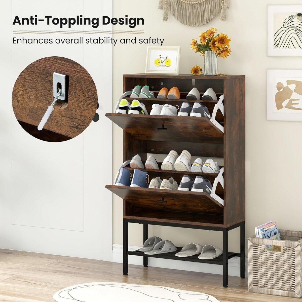 Rustic 2 Drawer Slim Shoe Cabinet with Flip Doors & Metal Shelf Unit - Kwikley