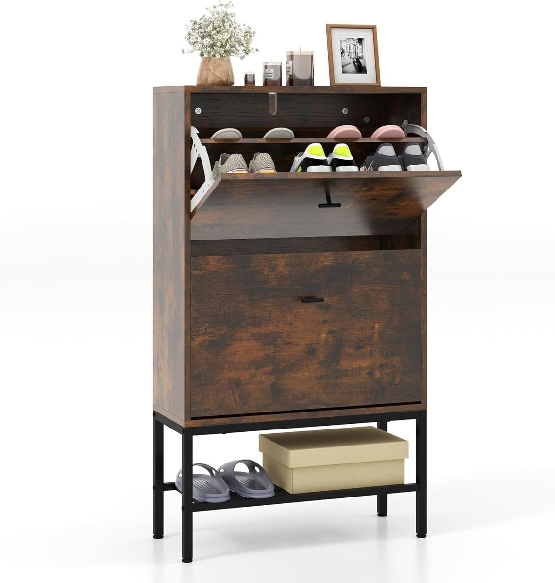 Rustic 2 Drawer Slim Shoe Cabinet with Flip Doors & Metal Shelf Unit - Kwikley