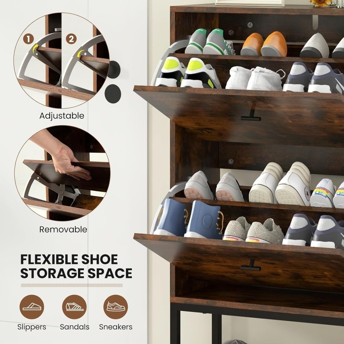 Rustic 2 Drawer Slim Shoe Cabinet with Flip Doors & Metal Shelf Unit - Kwikley