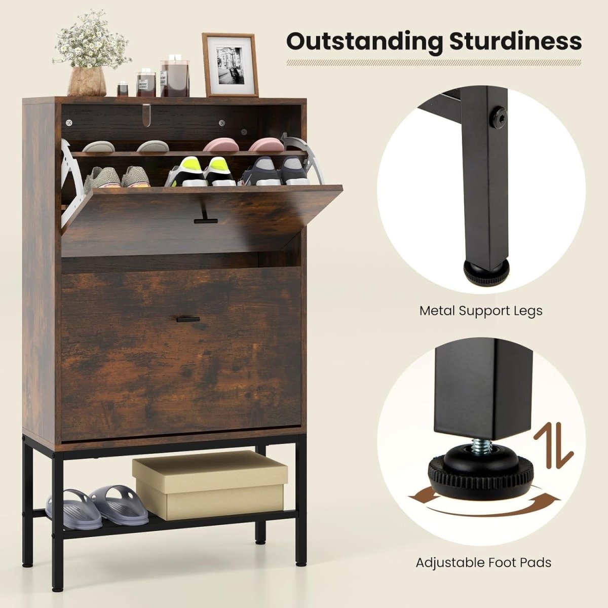 Rustic 2 Drawer Slim Shoe Cabinet with Flip Doors & Metal Shelf Unit - Kwikley