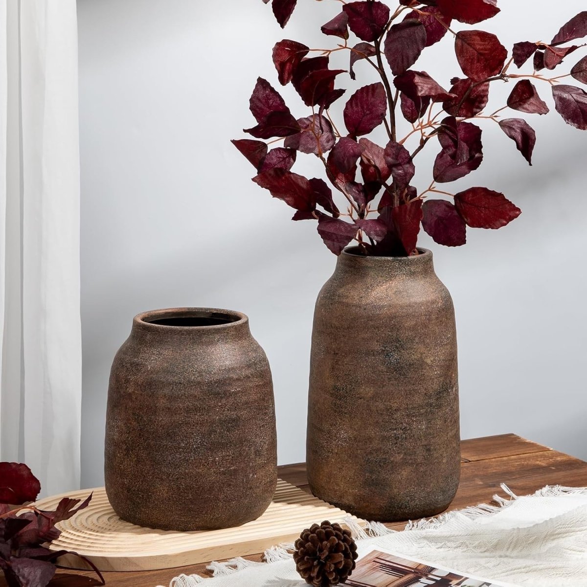 Rustic Bronze Ceramic Vase 28cm Tall Pampas Flower Holder Farmhouse - Kwikley