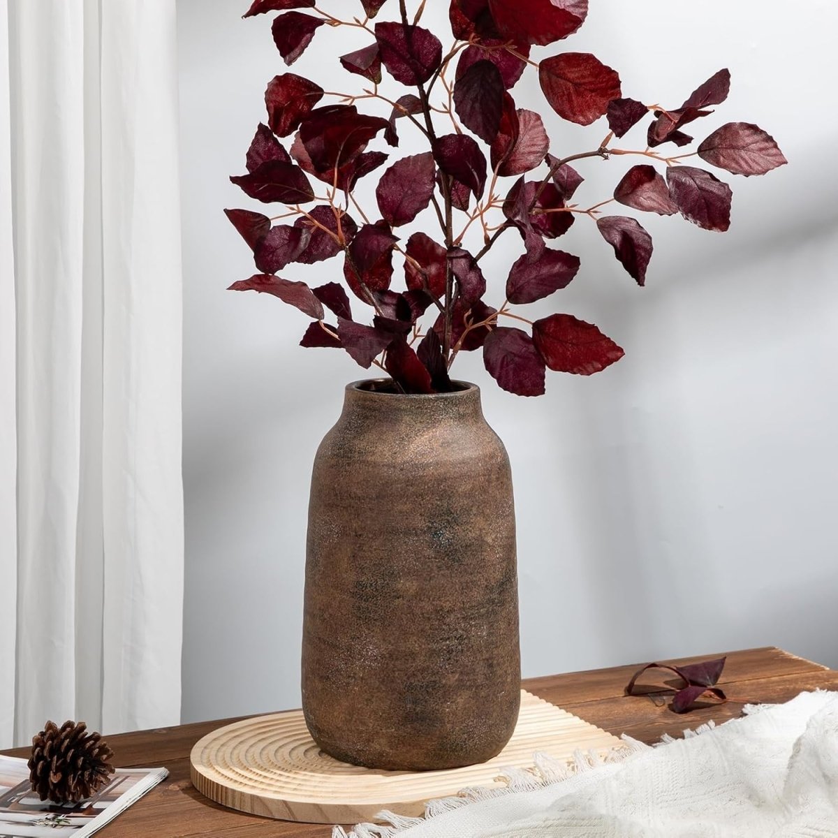 Rustic Bronze Ceramic Vase 28cm Tall Pampas Flower Holder Farmhouse - Kwikley