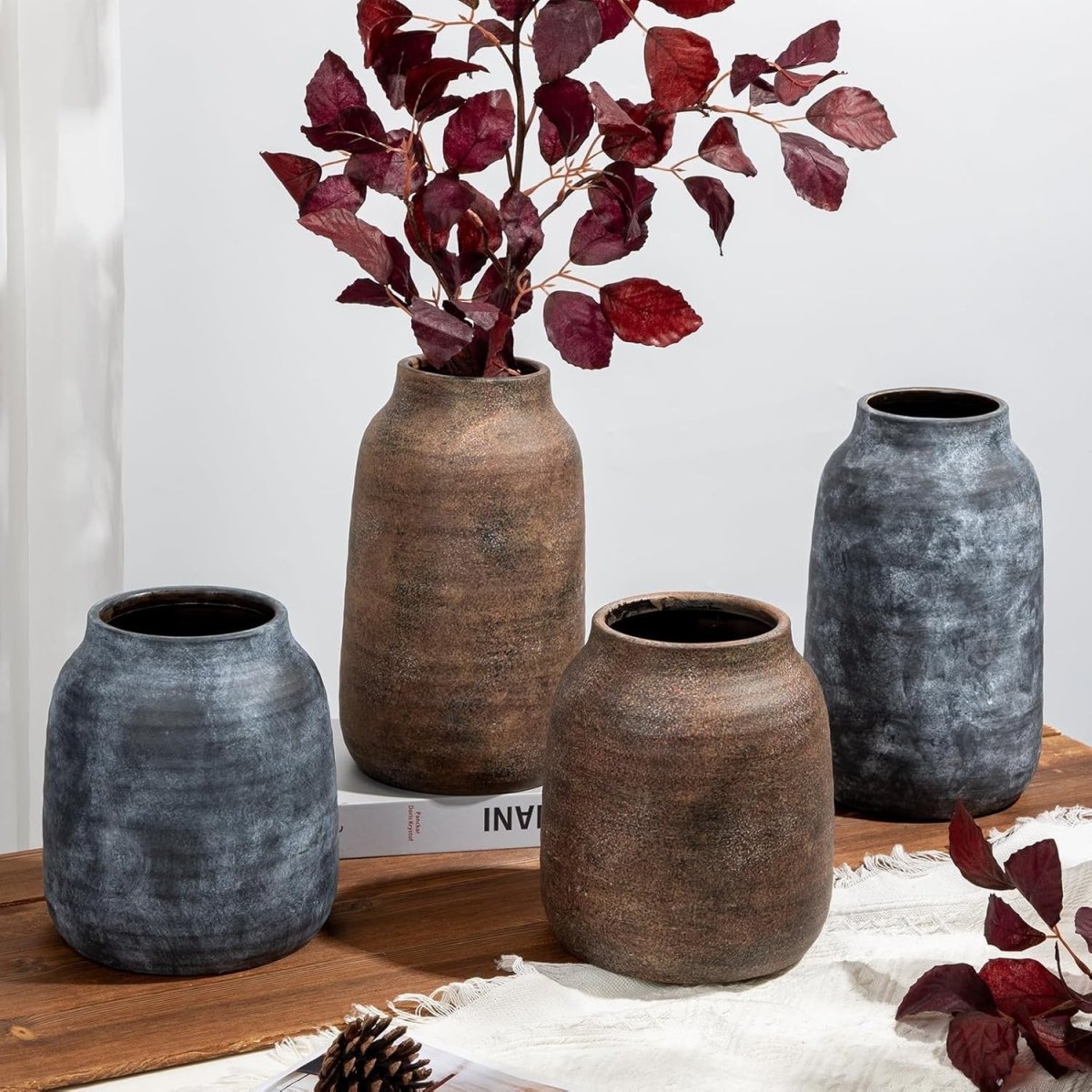 Rustic Bronze Ceramic Vase 28cm Tall Pampas Flower Holder Farmhouse - Kwikley