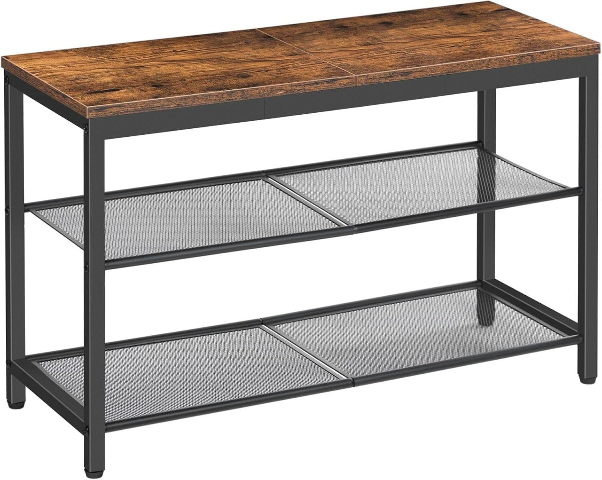 Rustic Brown 3 - Tier Shoe Rack Bench with Mesh Shelves & Seat Industrial Entryway - Kwikley